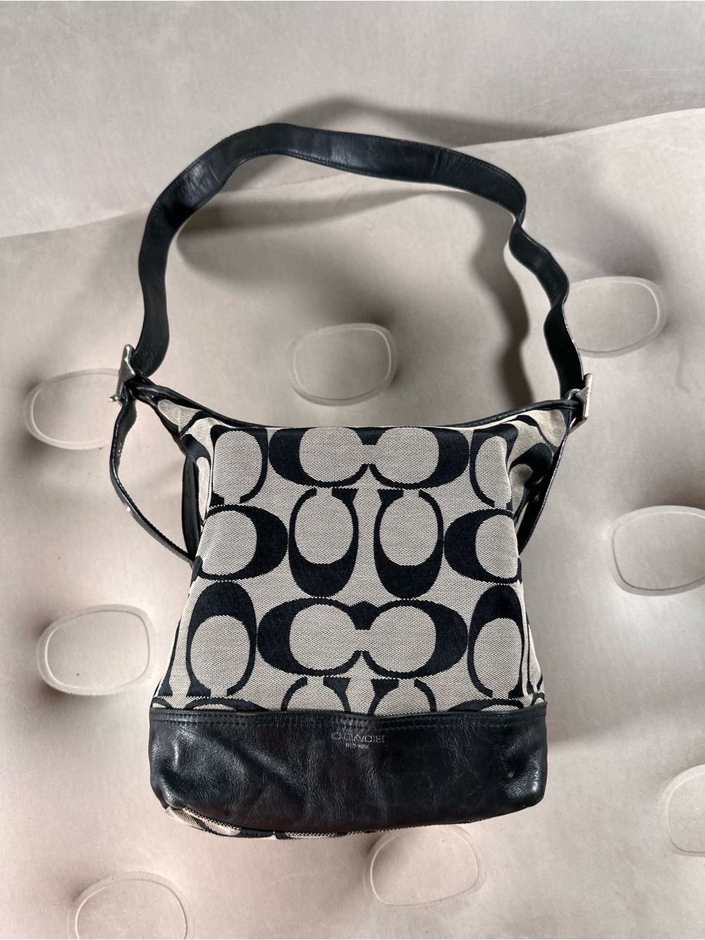 Coach Signature Optic Duffel Shoulder Bag Black Gray Canvas Leather Tassel 21149